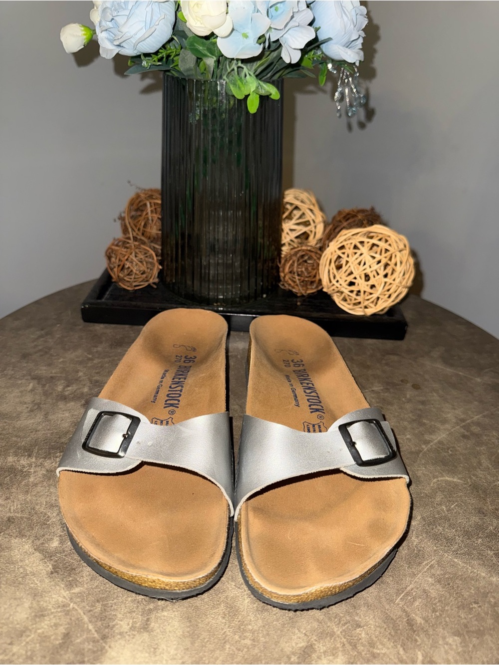 Birkenstock Silver Single-Buckle Slide Sandals